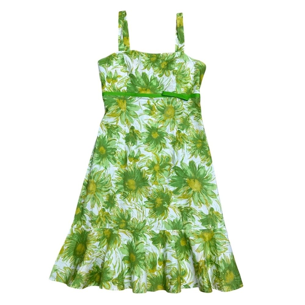 Vintage Floral Ruffle Smocked Dress Preppy 10 cottage green yellow‎ coastal